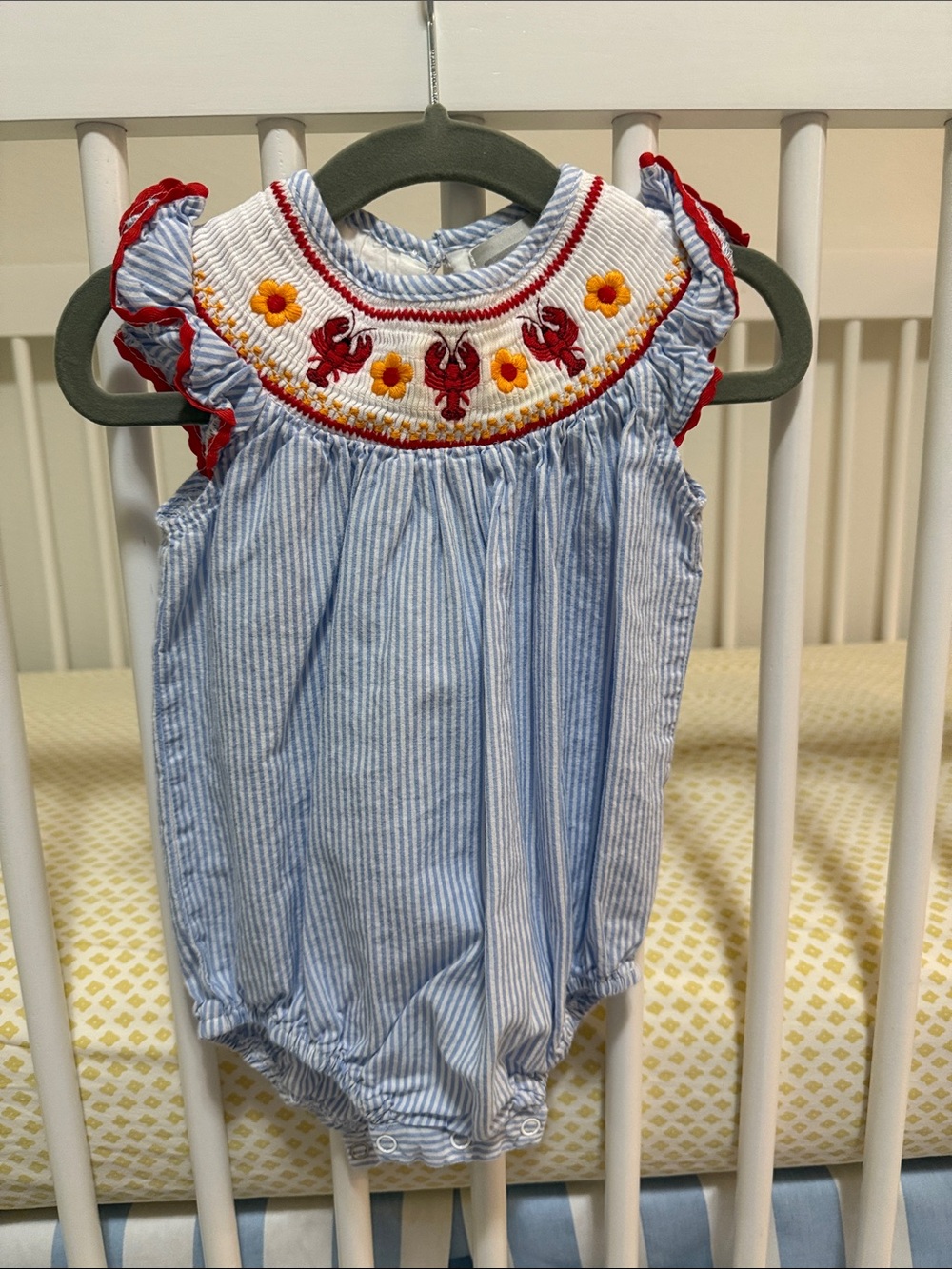 Blue Pinstripe Bubble with Lobster/Crawfish Embroidery